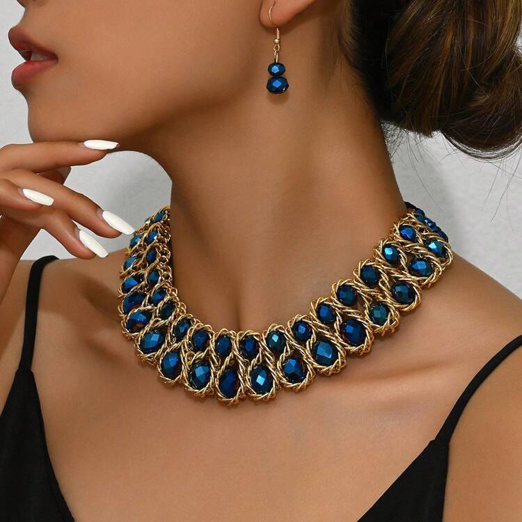 [Phong cách tối giản sang trọng] Bộ vòng cổ pha lê nhân tạo thủ công dành cho phụ nữ, trang sức thời trang cổ điển cho tiệc sinh nhật, hẹn hò, bãi biển, kỳ nghỉ và phụ kiện đa năng - Màu xanh lam - Xem 8