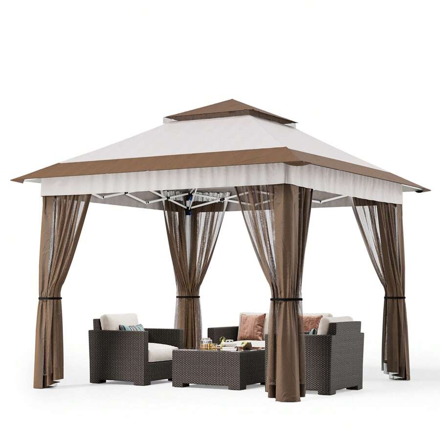 Outdoor Gazebo Canopy, Tent Push And Push Convenient, Easy To Carry, With Wind And Rainproof, Anti-Mosquito Ventilation And Breathable Function, Designed With Anti-Tilting Device - 米色 - 查看 1