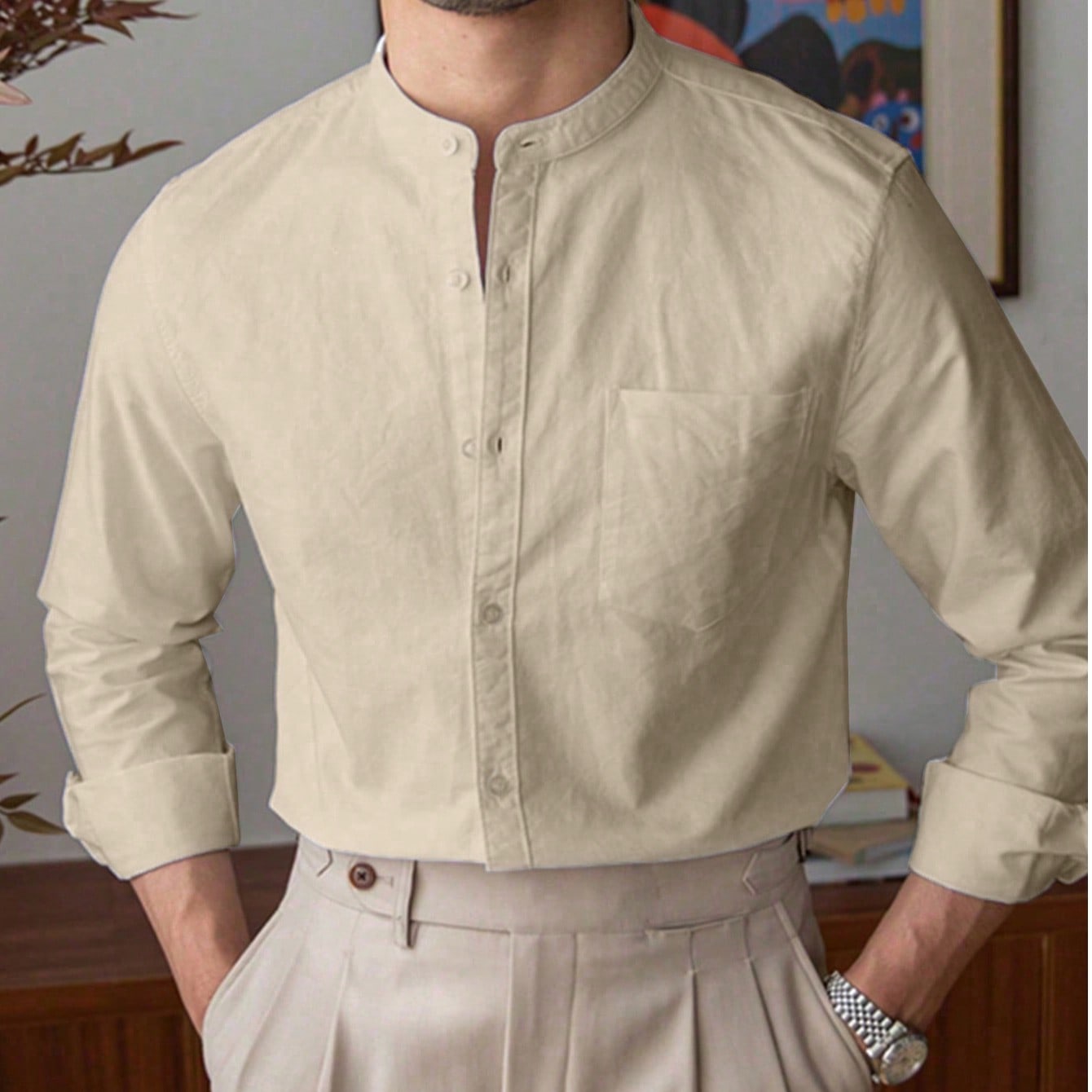 Camisa casual de negocios de unicolor con cuello mao para hombres, de manga larga, para otoño