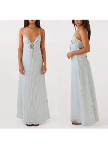 Womens Summer Long Dress Sleeveless Spaghetti Strap Tie-Up Front Loose Dress Back Cutout Dress - 天藍色 - 查看 2
