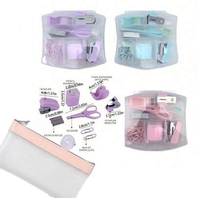 8pcs Portable Mini Office & School Stationery Set With Hole Punch, Staple Lifter, Tape Dispenser, Small Tape, Pencil Holder, Scissors, And 500 #10 Staples Mini Office Supplies Paper Clip Holder For Desk(With 2pcs Pencil Pouch),Back To School,School Supplies