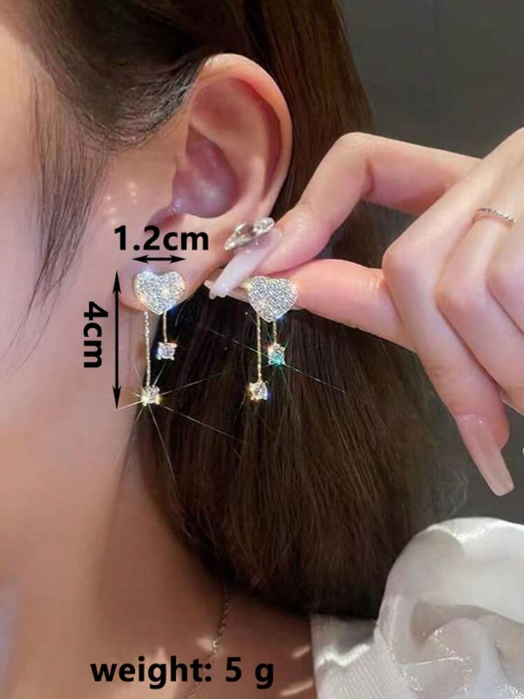 1 Pair Asymmetric Heart Rhinestone Earrings, Elegant Romantic Fashion Earrings For Women Suitable For Dates, Weddings And Vacations Valentine's Day Accessories - Gold - View 5