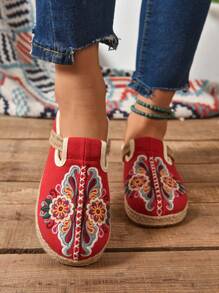 女士花卉图案平底鞋，休闲便鞋，轻便舒适 - 紅色 - 查看 3