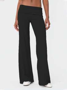 Women Fold Over Yoga Pants Low Rise Solid Color Stretch Casual Straight Wide Leg Palazzo Pants Loose Fit Comfy Flared Leggings Gym Lounge Pants Bootcut Bell Bottoms Baggy Sweatpants Teen Girl Back To School Bottoms Y2k Streetwear - 黑色 - 查看 1