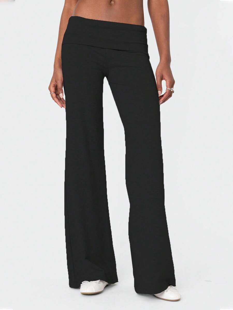 Women Fold Over Yoga Pants Low Rise Solid Color Stretch Casual Straight Wide Leg Palazzo Pants Loose Fit Comfy Flared Leggings Gym Lounge Pants Bootcut Bell Bottoms Baggy Sweatpants Teen Girl Back To School Bottoms Y2k Streetwear - 黑色 - 查看 1