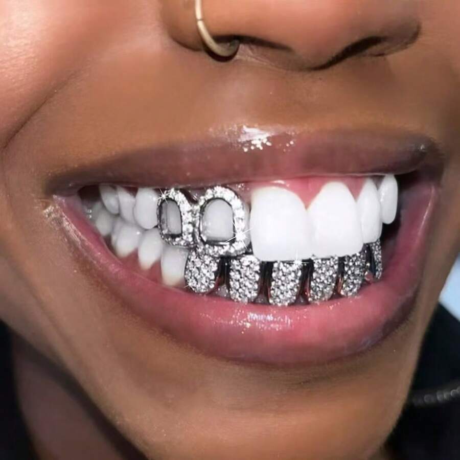 2 件上牙和下 6 颗牙齿全氧化锆牙套，时尚个性牙套，派对闪亮焦点配件，礼物牙套，男女通用 - 彩色 - 查看 1