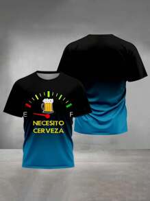 Men's Gradient 3D Beer Dashboard Print T-Shirt , Casual Polyester, Crew Neck, Short Sleeve Tee With "NECISTO CERVEZA" Text , Summer Wear, Machine Washable, Emo - Multicolor - View 2