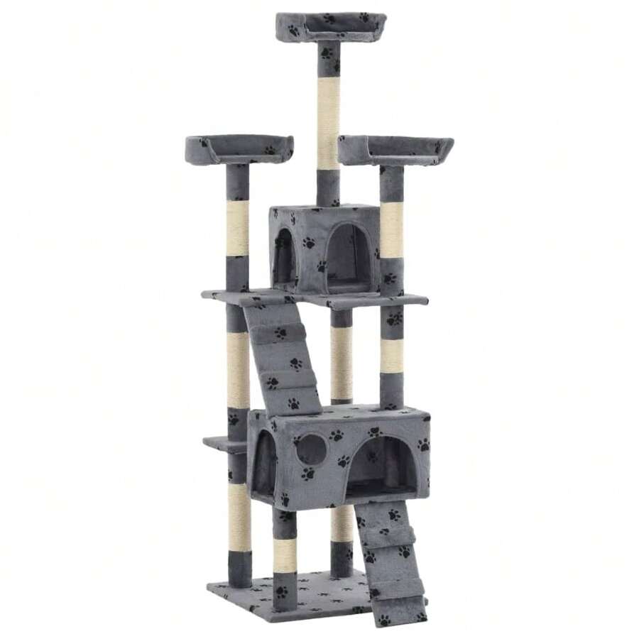 vidaXL Albero per Gatti Tiragraffi Sisal 170 cm Zampe Stampate Grigio - Grigio - Visualizzare 1
