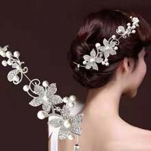 1 件新娘合金水晶和珍珠头饰，韩式花朵发饰婚礼头饰配饰