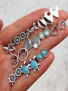 12 Pairs Bohemian Vintage Earrings With Starfish, Turtle, Fish Tail Designs, Everyday Wear Creative Earrings - Silver - View 6