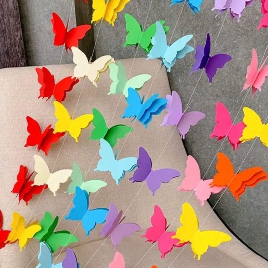 1 pieza Guirnalda de mariposas de papel 3D con banderas de colores, adecuada para bodas, fiestas, cumpleaños, decoración colgante de vacaciones DIY, decoración de guirnalda de mariposas 3D, banderas vibrantes etéreas, de color aleatorio (a juego para bodas, fiestas, vacaciones), alegre decoración de mariposas de colores que agrega un ambiente romántico