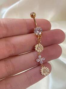 1 件 14G 钻石 CZ 花形肚脐环银金肚脐环吊坠花形肚脐环吊坠肚脐环 CZ 链穿孔 10 毫米