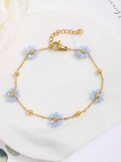 1pc Bohemian Style Blue Floral Charm Bracelet, Women's Stainless Steel Summer Jewelry, Suitable For Office, Dates, Parties, Beach Vacations And Gifts