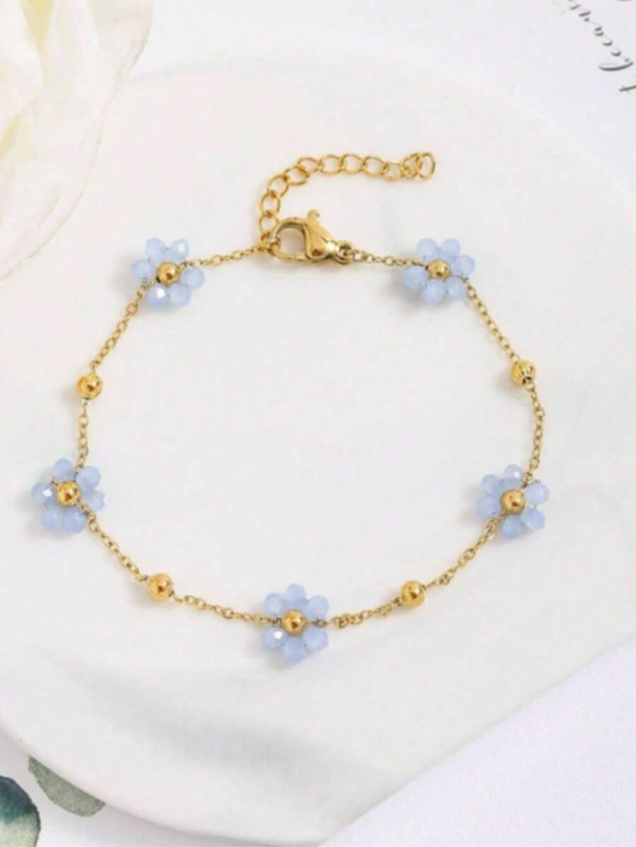 1pc Bohemian Style Blue Floral Charm Bracelet, Women's Stainless Steel Summer Jewelry, Suitable For Office, Dates, Parties, Beach Vacations And Gifts