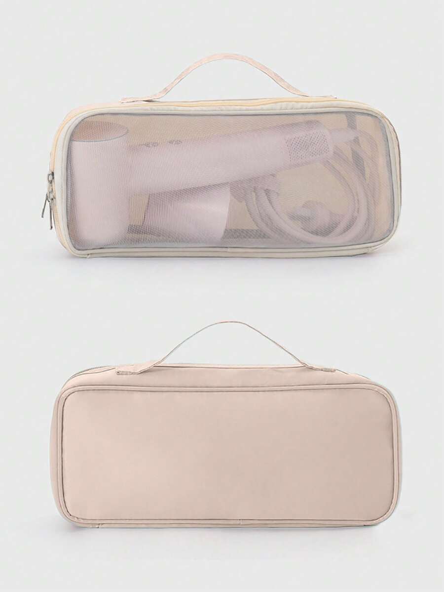 1pc Portable Hair Dryer Storage Bag, Transparent Mesh Bag For Travel, Cosmetic & Curling Iron Storage Bag, Multi-Functional Cosmetic Bag, Cosmetic Storage, Travel Toiletry Bag, Handbag, Dust-Proof Large Capacity, Electric Curling Iron, Flat Iron Protective Case, Hair Dryer Storage, Back To School Supplies Make Up Bag - Apricot - View 1
