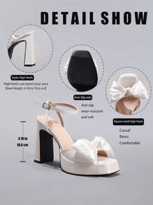 Women's Bowknot Waterproof Platform Sandals, Shiny PU Leather Thick Sole Open Toe Summer Wedding Party Square Toe Chunky High Heel Shoes, White - White - View 2