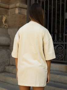 Oversized Plain Turtleneck Basic Streetwear T-Shirt For Men Unisex - 奶油色 - 查看 6