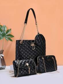 时尚黑色菱形包包套装！包括手提包和带链条的斜挎包，用途广泛，适合各种场合！ - 黑色 - 查看 2
