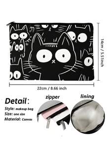 1 Pc Funny Cat Retro Cat Pattern Cosmetic Bag, Funny Cat Toiletry Bag, Portable Travel Storage Bag,Zipper Lightweight Makeup Pouch For Women,For Holiday Beach, Bathroom Collection, Bedroom Collection, Large Capacity - Black - View 3