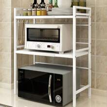 Estante expandible para microondas, soporte para microondas de 3 niveles para cocina, soporte para microondas de acero al carbono para encimera, organizador de almacenamiento de cocina con 6 ganchos - Blanco - Ver 1