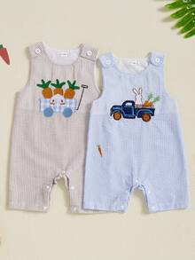 Mono de Pascua para bebés niños, informal, con estampado de rayas, zanahoria, camión bordado, sin mangas, ropa bonita - Caqui - Ver 3