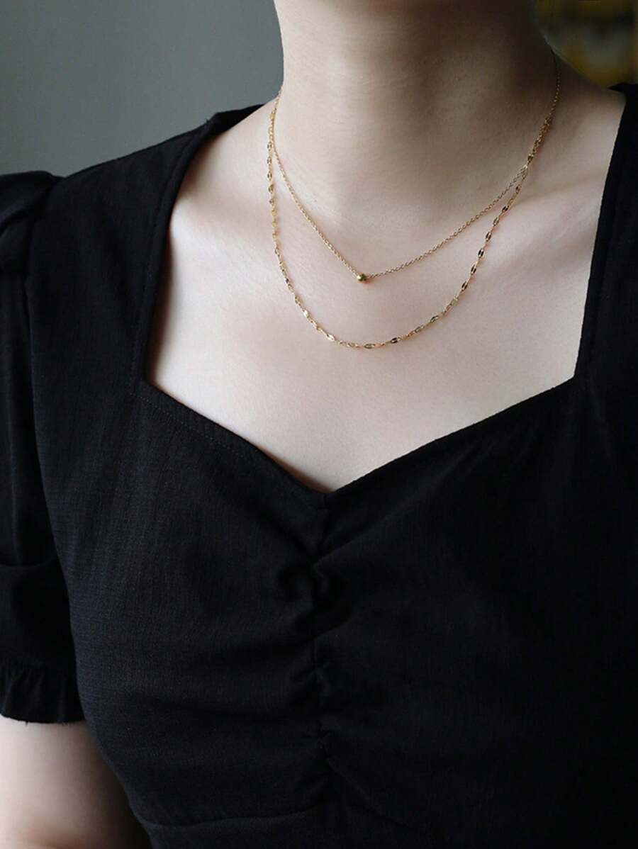 Stainless Steel Waterproof Non-Fading Gold Double-Layer Necklace With Round Bead & Lip Pendant, Suitable For Women's Daily Wear - Gold - View 1