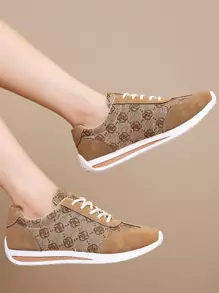 女士平底运动鞋，皮革鞋面，透气软底，轻便跑鞋，时尚百搭休闲运动鞋，四季皆宜 - 棕色 - 查看 3