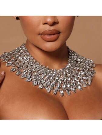 Cuier 1PC Gorgeous Crystal Glass Gemstone Big Necklace For Women Party Jewelry Wedding Shiny Rhinestone Collars