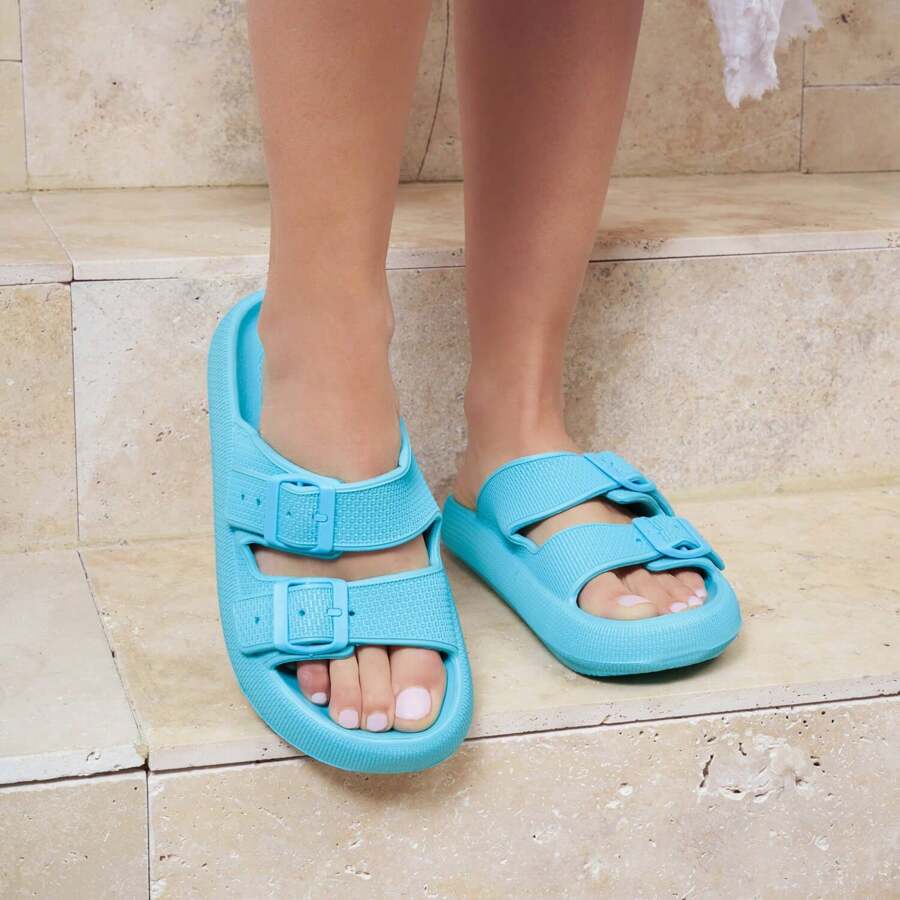 Slide Sandals With Double Buckle Straps And Chunky Sole For Casual Wear - Blue-green - View 1