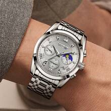 1pc GUANQIN Waterproof Luminous Watch With Rhinestones Calendar Dial Wear-Resistant Stainless Steel Strap Fashion Business Luxury Sporty Classic Simple Casual Mechanical Style Men Automatic Quartz Watch Suitable For Valentine's Day,Festivals,Dating,Business, Daily,Gifts - Silver - View 4