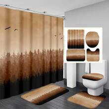 1 件/4 件水彩森林风景浴室装饰套装，包括带 12 个挂钩的防水浴帘、防滑浴垫、U 型马桶垫和圆形马桶盖，适用于整个浴室场景