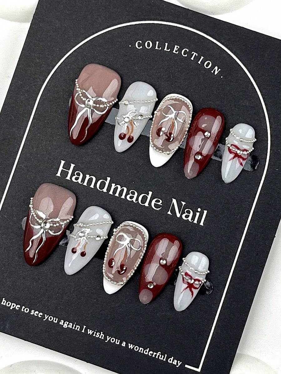 10Pcs/Pack European & American Style Almond Shaped Handpainted Cherry Bow Sexy Y2K Chic Girls Vibes Nail Art Suit For Ladies & Girls, Premium Elegant Press On Nails Nail Supplies Nails - Multicolor - View 1