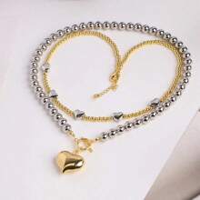 1pc Beaded Necklace, Women Heart Locket Pendant Necklace, Silver Bead & Heart Charm