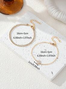 2pcs Cubic Zirconia Flower Beaded Bracelet With Crystal Chain Double Layer Bracelet Set, Suitable For Women Daily, Date, Party, Social Occasion