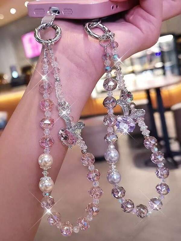 Sangle de téléphone élégante avec perles en cristal, pendentif lapin dessin animé. Courroie de poignet, porte-clés, accessoire de téléphone cadeau pour mère, famille, amis, anniversaire, fêtes