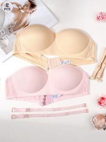 2 piezas Sostén bandeau con ribetes de unicolor y push-up, cómodo con tirantes desmontables para adolescentes