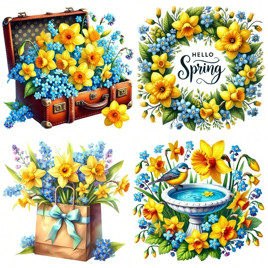 1 包复古春水仙花装饰贴纸，创意花卉手工贴纸，适用于剪贴簿、日记、相册、DIY、学校工艺品、文具用品 - 黃色 - 查看 1