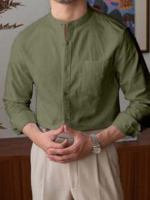 Áo sơ mi nam cổ đứng, đơn giản và thời trang cho trang phục hàng ngày, mùa thu, áo dài tay - xanh quân đội - Xem 6