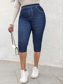 Quần legging định hình cơ thể co giãn cao cấp dành cho nữ cỡ lớn, họa tiết giả denim với thiết kế túi giả, quần lửng thể thao thoải mái thường ngày. - Màu xanh hải quân - Xem 3