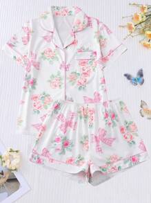 2 pezzi pigiama da donna con stampa a fiocco e rosa, top con collo a risvolto e maniche corte, pantaloncini larghi con elastico, pigiama casual per tutte le stagioni, set da 2 pezzi