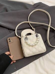 New Embroidered Pearl Chain Handbag Shoulder Bag Phone Mini Square Purse - A - View 12