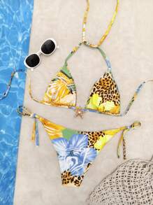 Set de 2 piezas Bikini con estampado de leopardo y flor con decoración de estrella de mar de metal, traje de baño de uso libre en la playa o piscina para señoras (color elegido al azar), con almohadillas desmontables, vestidos de verano para mujeres, ropa de verano para mujeres, festival, faldas, atuendos de Ibiza, traje de baño para mujeres, conjunto de bikini, traje de baño para mujeres, ropa de playa para mujeres, co-ord de vacaciones, vestido de playa, conjuntos de bikinis para mujeres, traje de baño, amarillo mantequilla