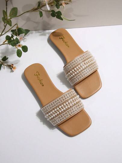 Platta sandaler för kvinnor i stora storlekar, semesterstil, avslappnad mångsidig sommarslip-on med diamantdekor