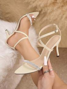 Women's High Heels Spring/Summer Elegant Crystal Embellished Stiletto Ankle Strap Pointed Toe Party Sandals, Champagne Color