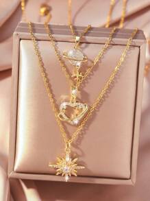 3pcs/Set Fashionable Women Necklace, Star, Planet, Heart Pendant Design, 18K Gold Plated Stainless Steel Chain, Suitable For Daily Wear And Party, Best Jewelry Gift - Gold - View 1