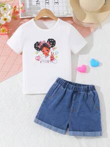 2pcs/Set Summer Girls Casual Cute Cartoon Printed Round Neck Short Sleeve T-Shirt And Denim Shorts Set - White - View 1