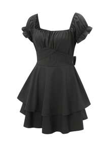 Women's Mini A-Line Dress Solid Color Ruffled Sleeves Square Neck Layered Hem Dress - Black - View 4