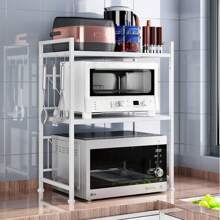 Estante expandible para microondas, soporte para microondas de 3 niveles para cocina, soporte para microondas de acero al carbono para encimera, organizador de almacenamiento de cocina con 6 ganchos - Blanco - Ver 4