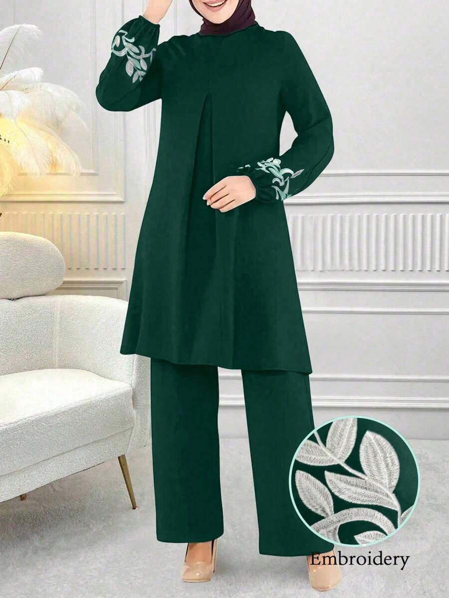 Women's Plant Pattern Long Sleeve Shirt And Pants Arabic Style 2 Pieces Set,Modest - Dark Green - View 1