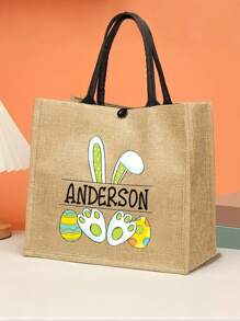 Customized Personalized Tote Bag With Easter Bunny And Name, Durable Gift Bag, For Easter Egg Hunt, Custom Easter Party Favor Bag - Khaki - View 5